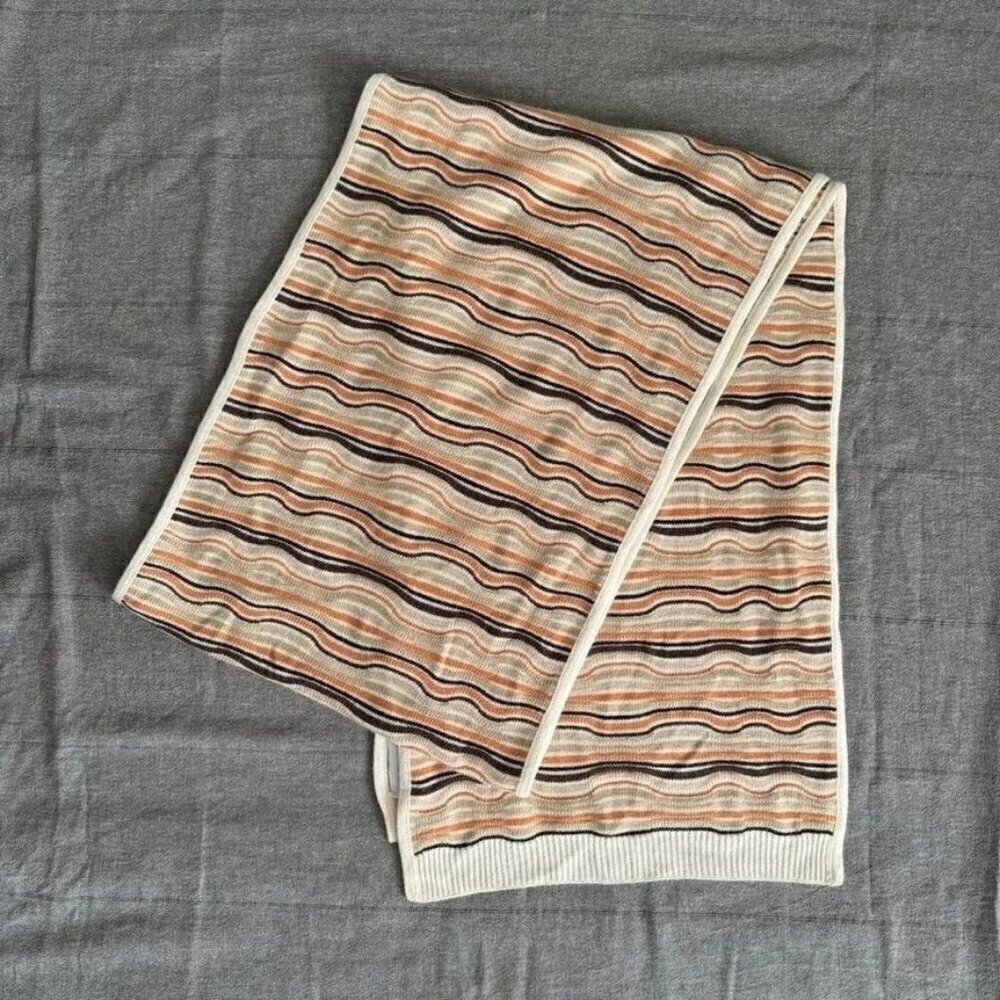 Bloomingdale's Wool Cashmere Angora‎ Blend Ivory Brown Orange Stripe Long Scarf